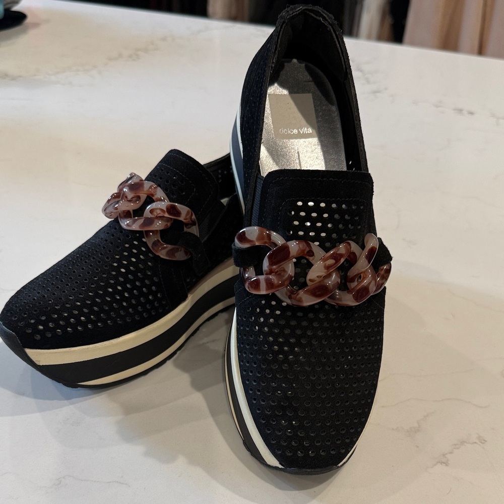 Dolce Vita Black Slip-On Platform Sneakers with Tortoiseshell Chain